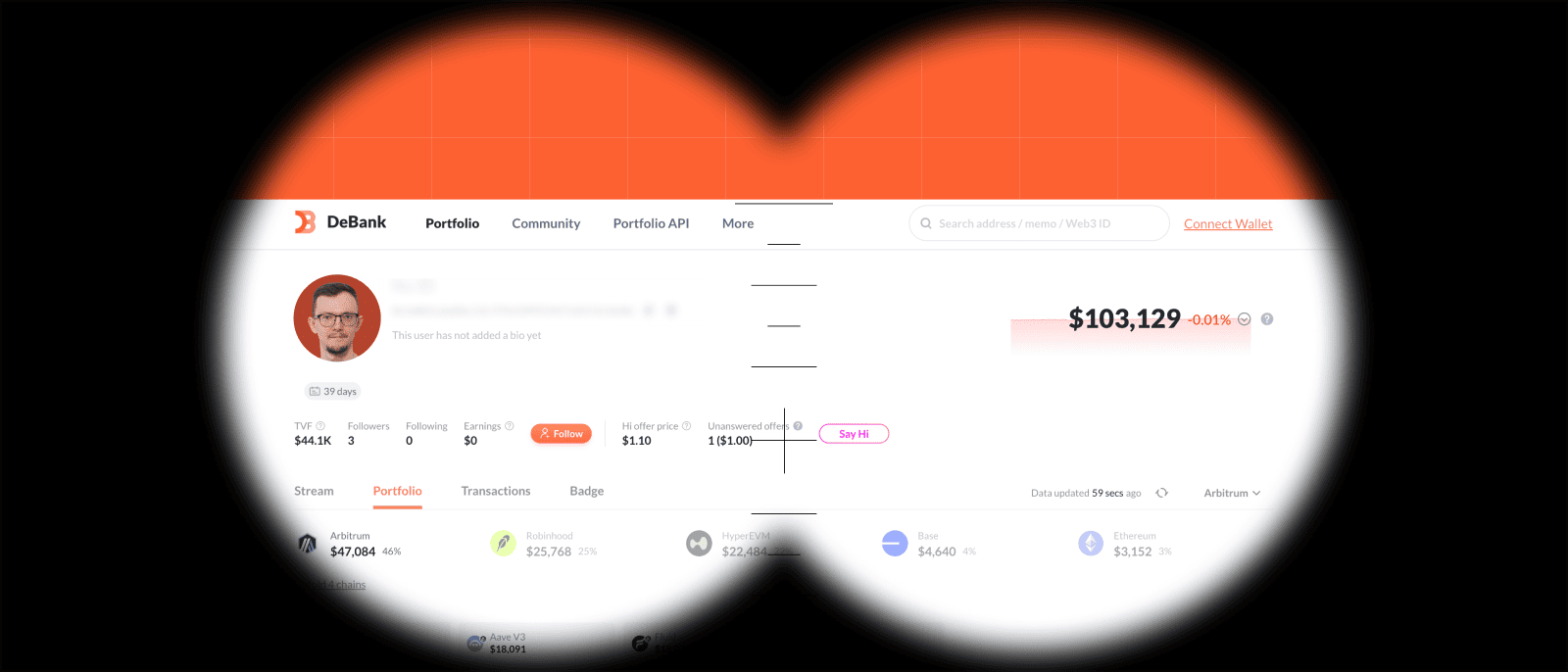Публичный DeFi-портфель на DeBank: $103 129, распределённые по сетям Arbitrum, Base, Ethereum и другие