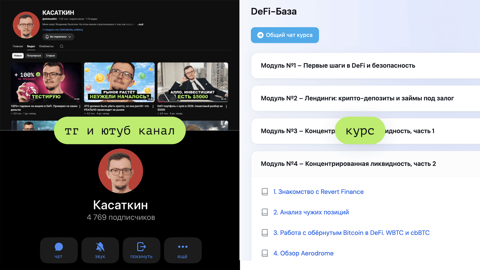 YouTube- и Telegram-каналы автора и программа «DeFi-База» со списком модулей
